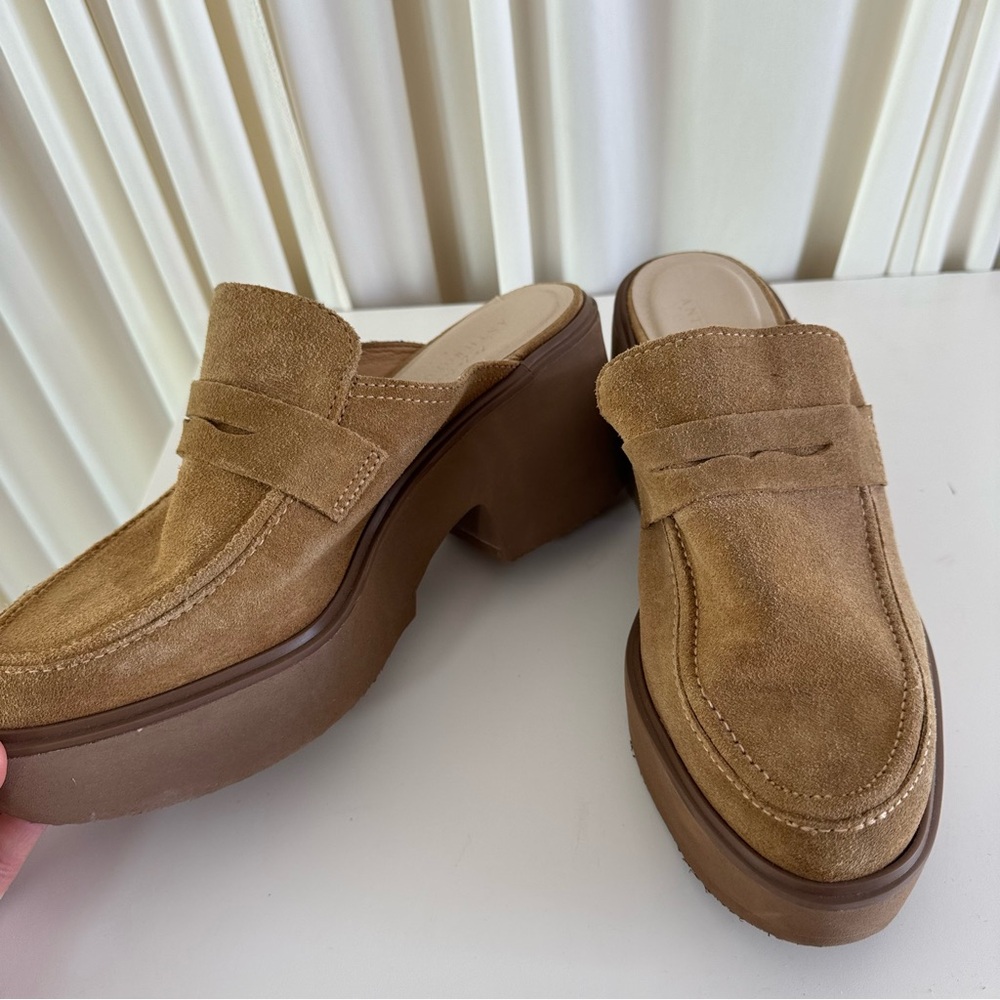 Anthropologie Matisse Kelly Tan Suede Platform Mules Loafers Size 10 - Picture 5 of 8